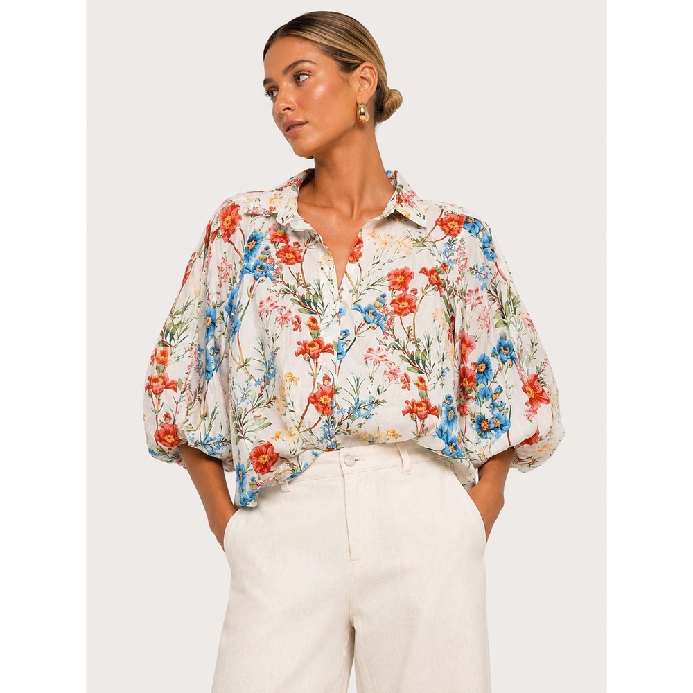 LIFE Floral Puff Sleeve Button Up Blouse White 100% Cotton Balloon Sleeve XL